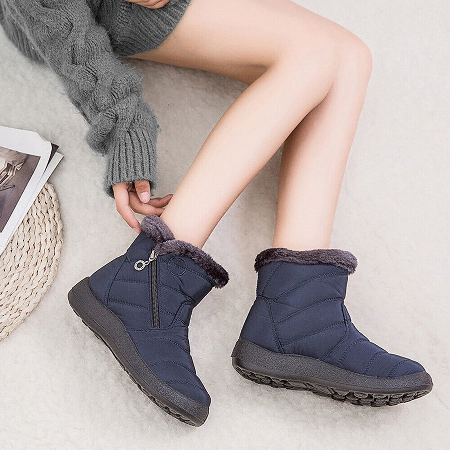 Blue Women Blue Fur Lined Snow Ankle Boots Winter Warm Waterproof Flat Shoes