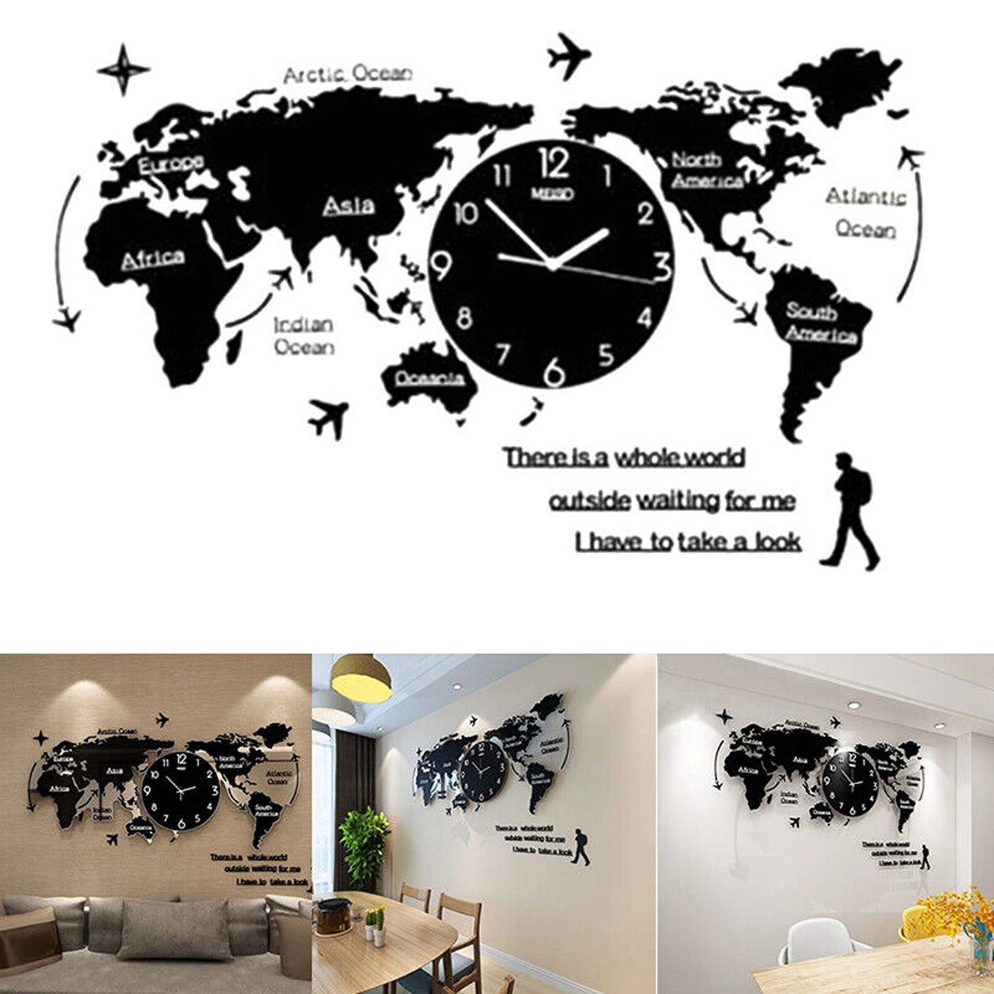 Ultra Quiet Large 3D Wall Clock Acrylic Watch World Map Decor