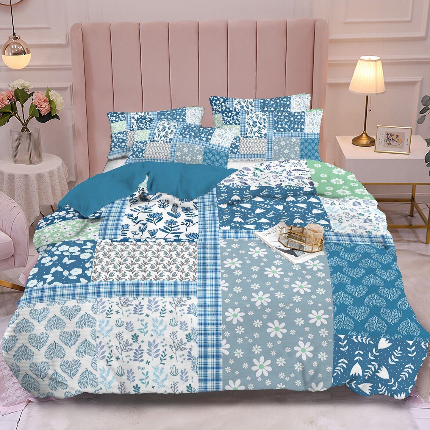 Blue Patchwork Bedding Set Soft Quilt Duvet Cover for Queen King Bed