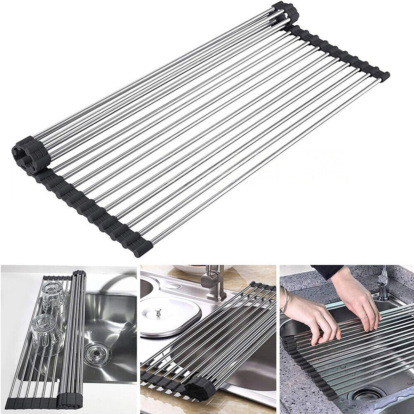 Over Sink Dish Drainer Stainless Steel Roll Up Foldable Rack