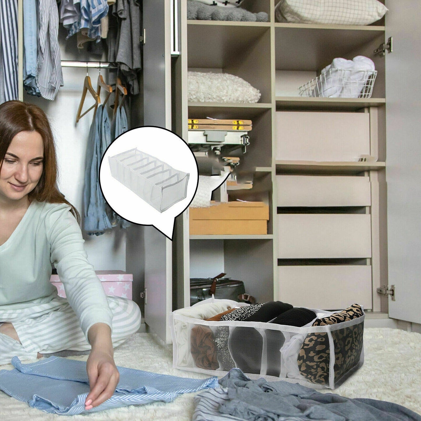 7 Grid Foldable Mesh Organizer for Wardrobe Clothes and Jeans Storage