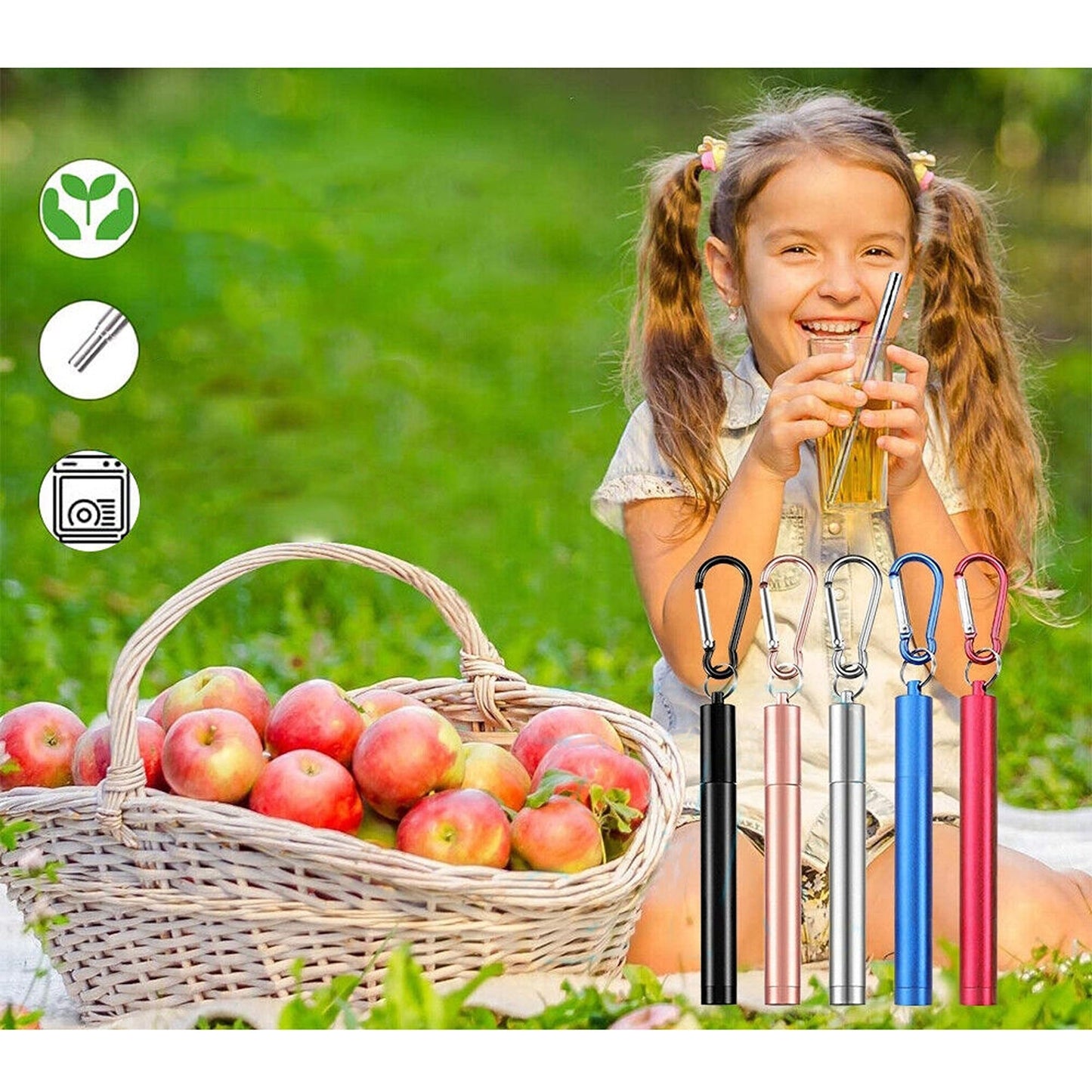 Stainless Steel Foldable Drinking Straw Metal Reusable with Cleaning Brush Keyring