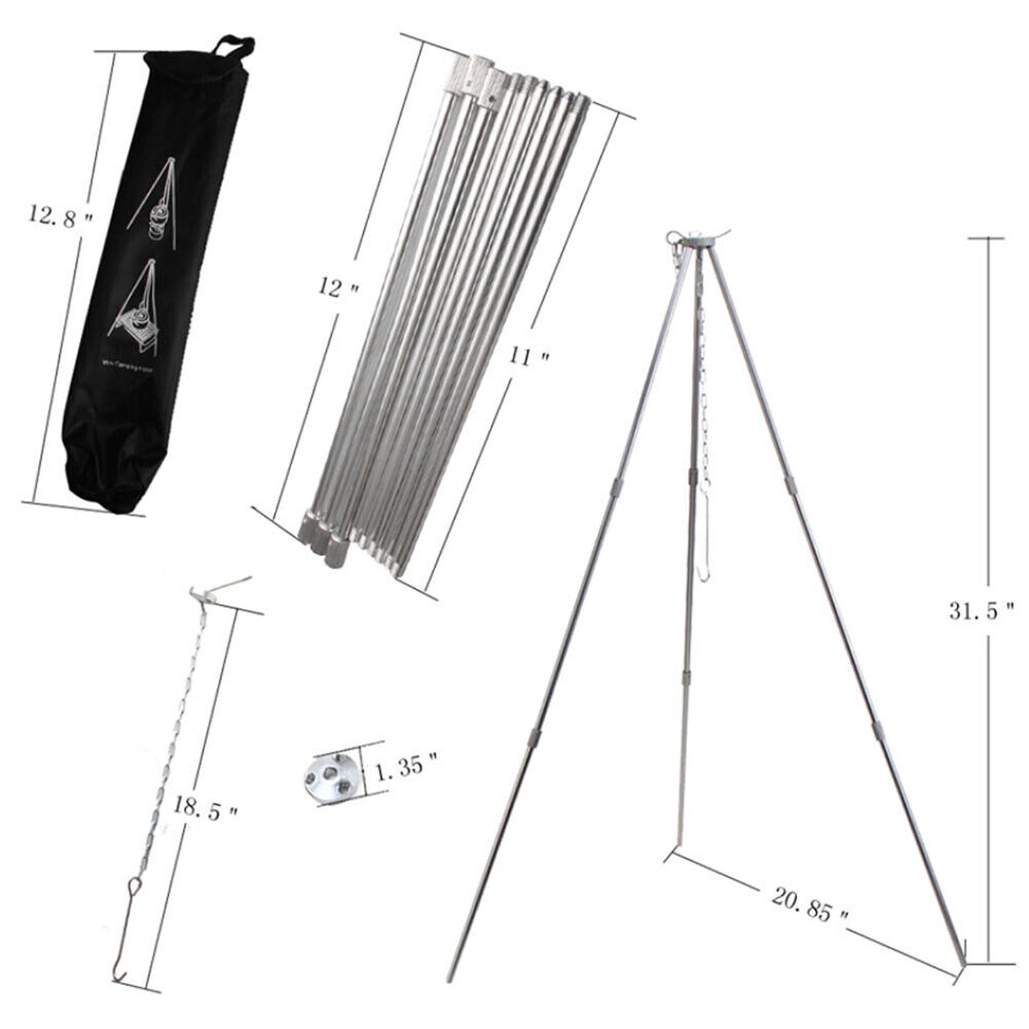Cast Iron Camping Tripod for Outdoor Cooking over Campfire