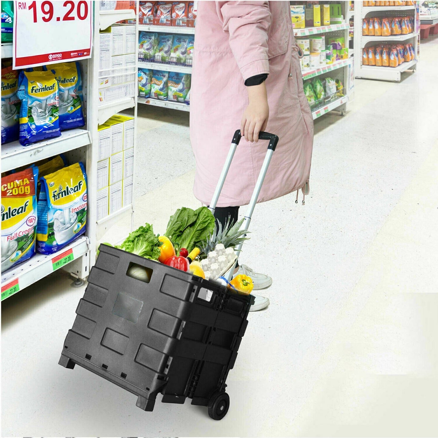 Portable Folding Shopping Basket with Wheels Foldable Grocery Cart Trolley Crate