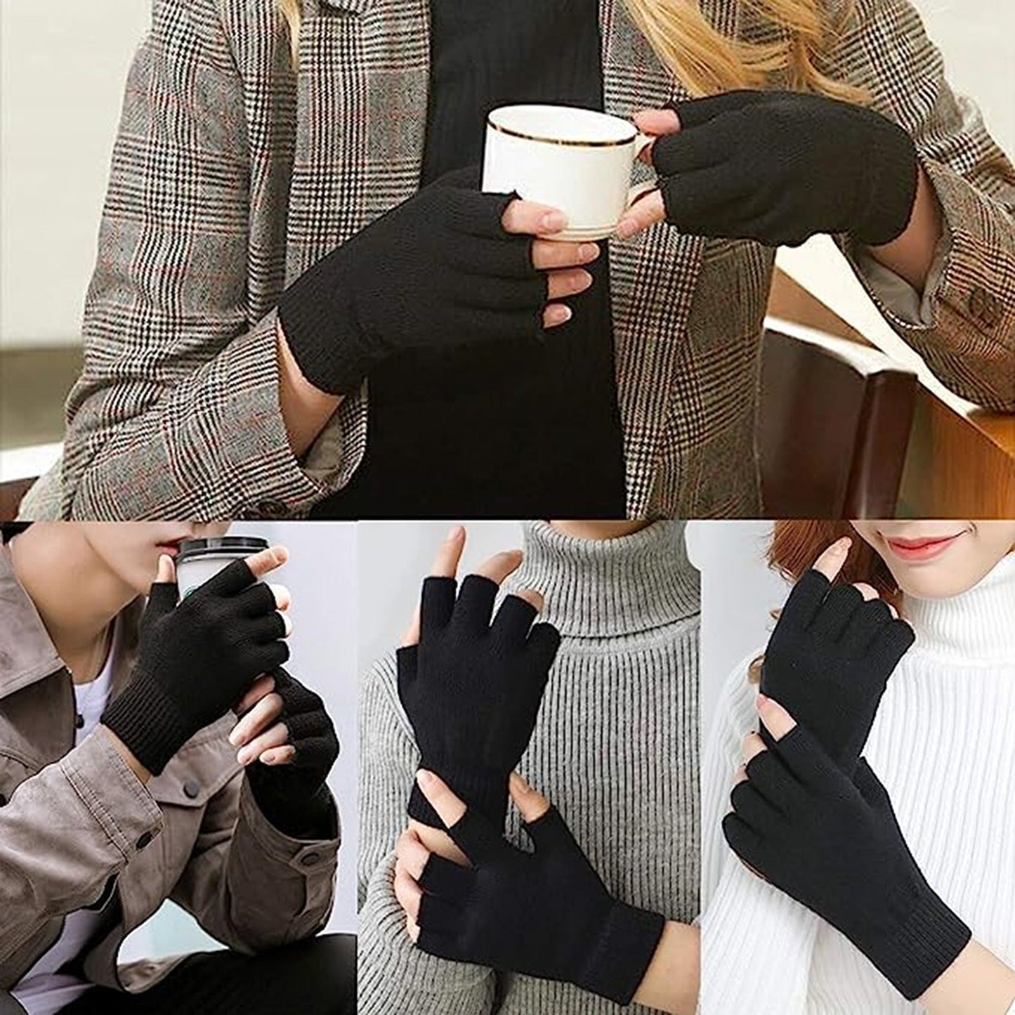 2 Pair Black Soft Knitted Winter Fingerless Gloves Unisex Open Finger