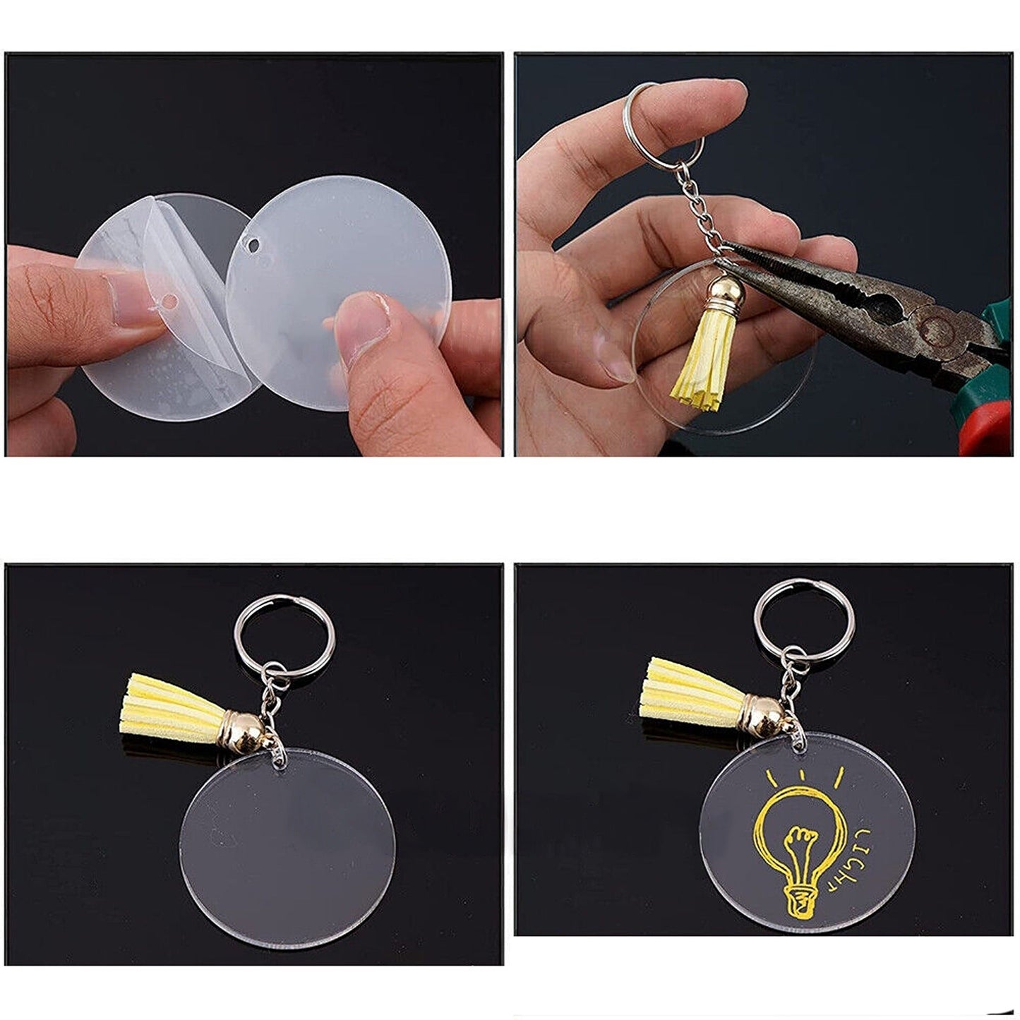 200pcs Acrylic Keychain Making Kit Keyring Blanks with Tassels