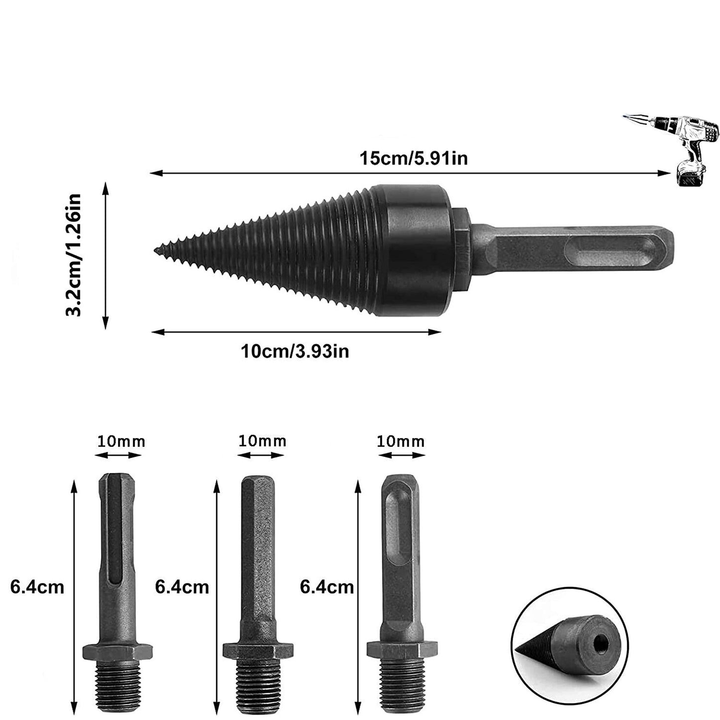 4pcs Hex Shank Firewood Drill Bit Wood Log Splitter Screw Cone