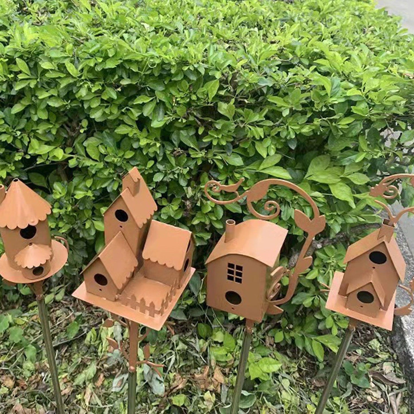 Outdoor Metal Birdhouse Art Stake Rustic Garden Yard Bird House Stand