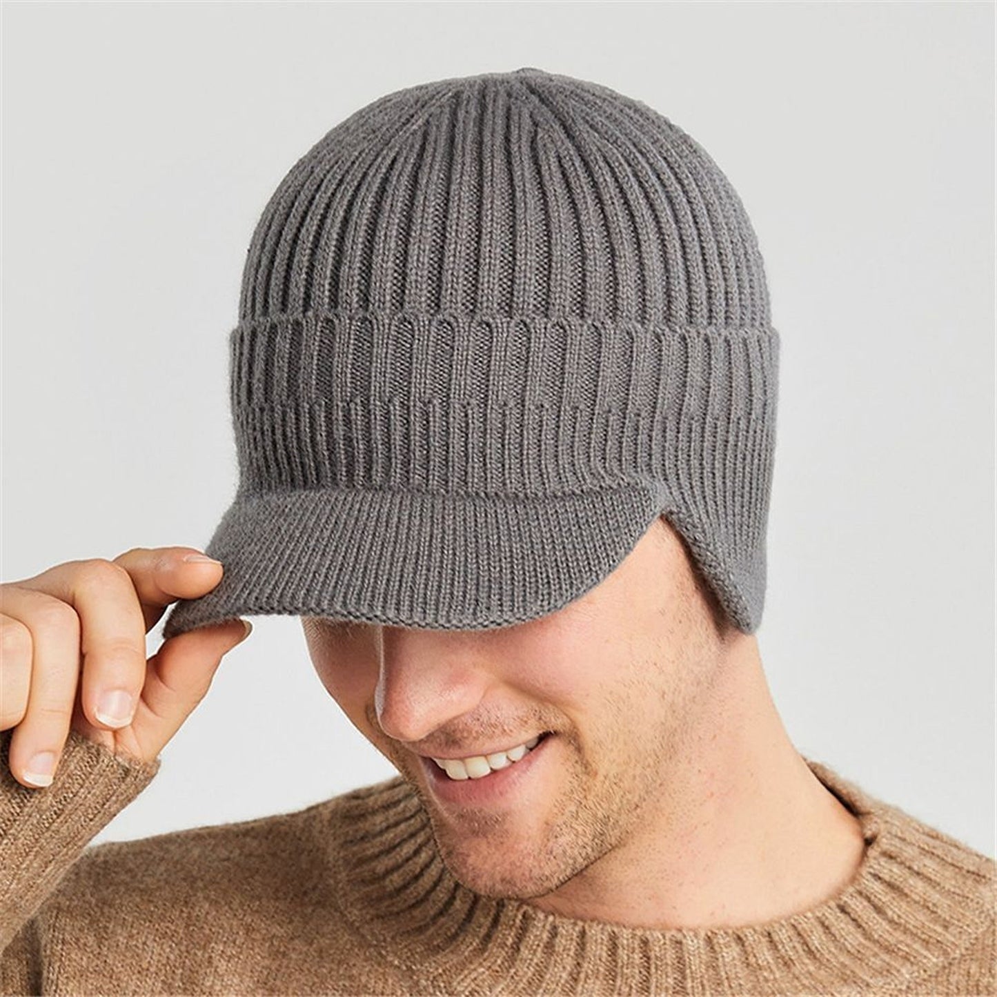 Men Thick Wool Warm Beanie with Brim for Winter Cycling