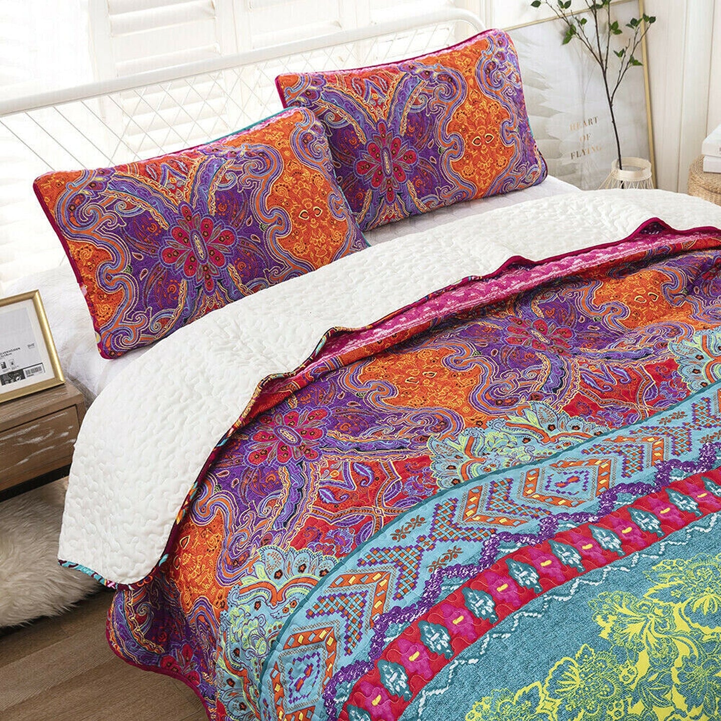 Bohemian Style Quilted Bedspread Queen King Size Coverlet Comforter Bedding