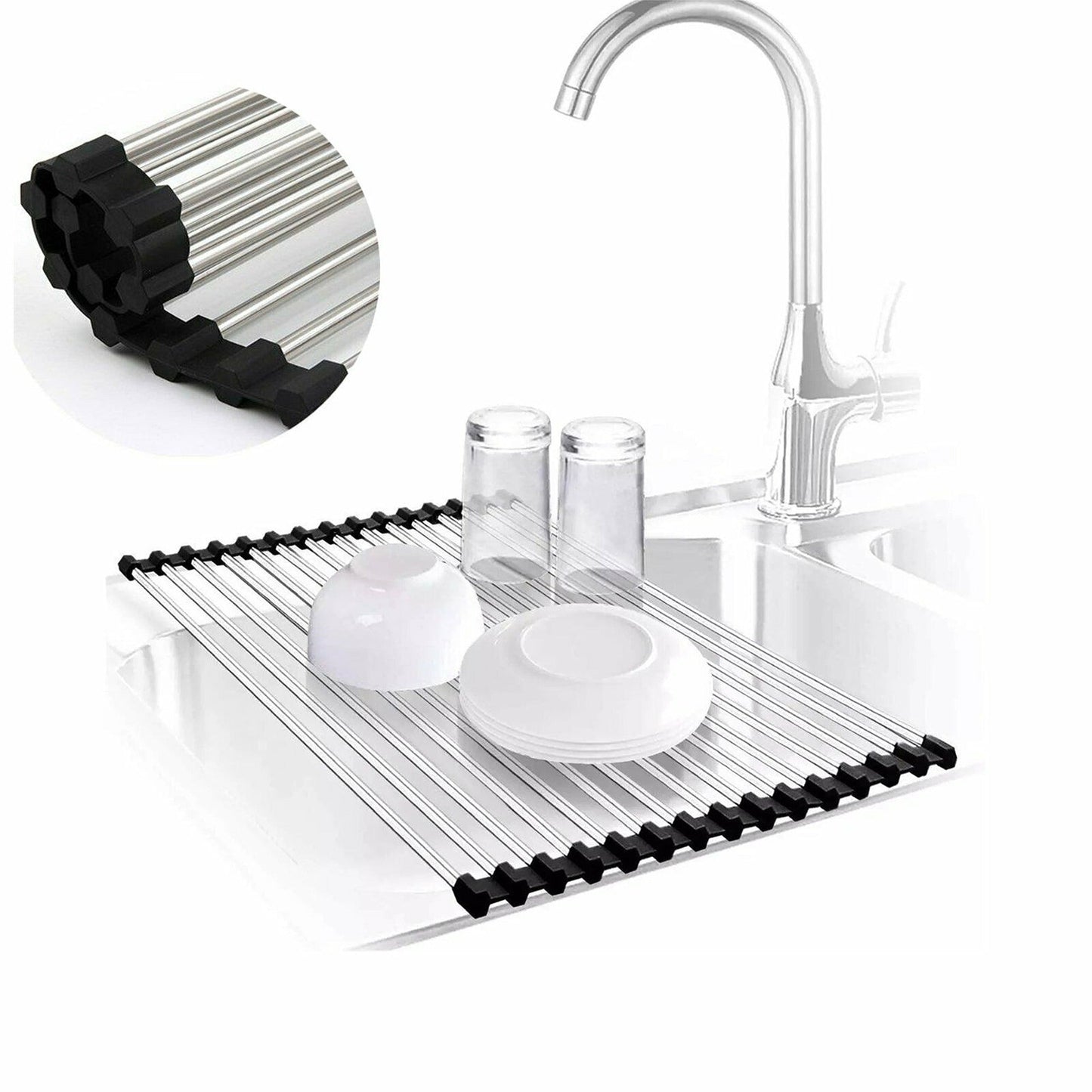Over Sink Dish Drainer Stainless Steel Kitchen Rack Roll Up Drying