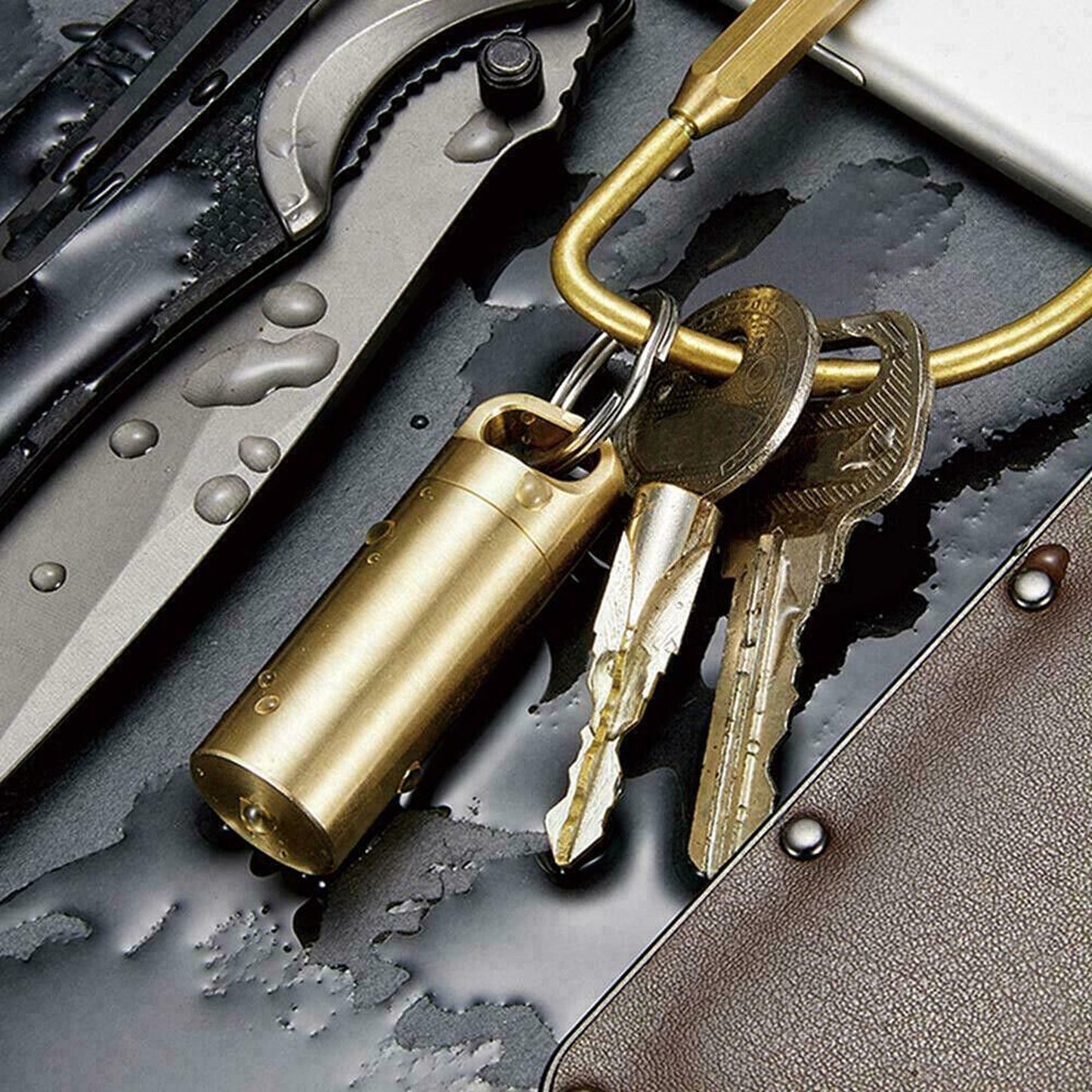 Brass Pill Container with Waterproof Case Keyring Holder