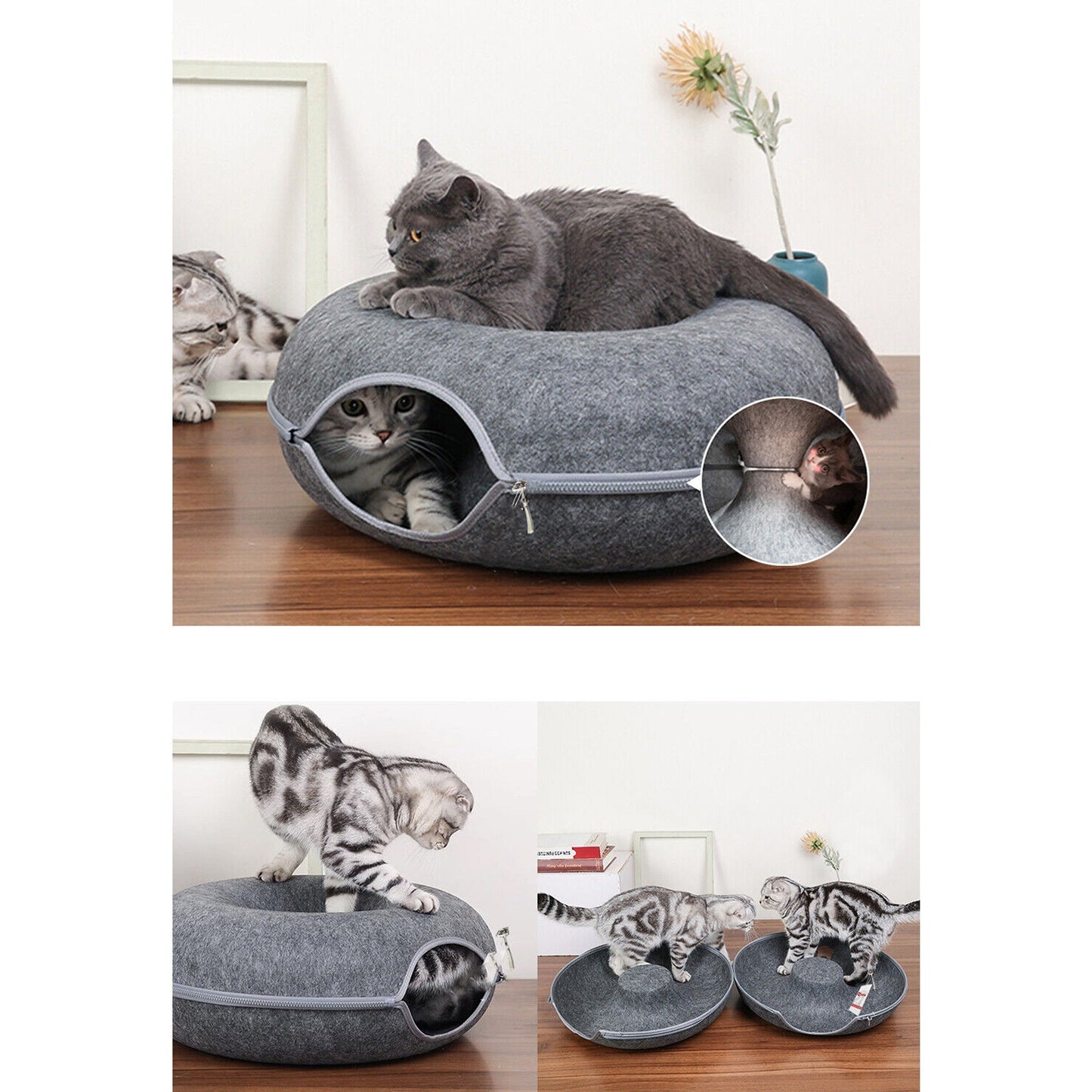 Cat Tunnel Donut Bed Felt Pet House with Interactive Play Toy