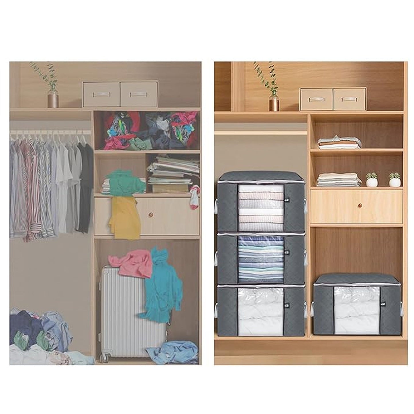 Large Storage Bag for Clothes and Quilts Grey Fabric Organizer with Zipper