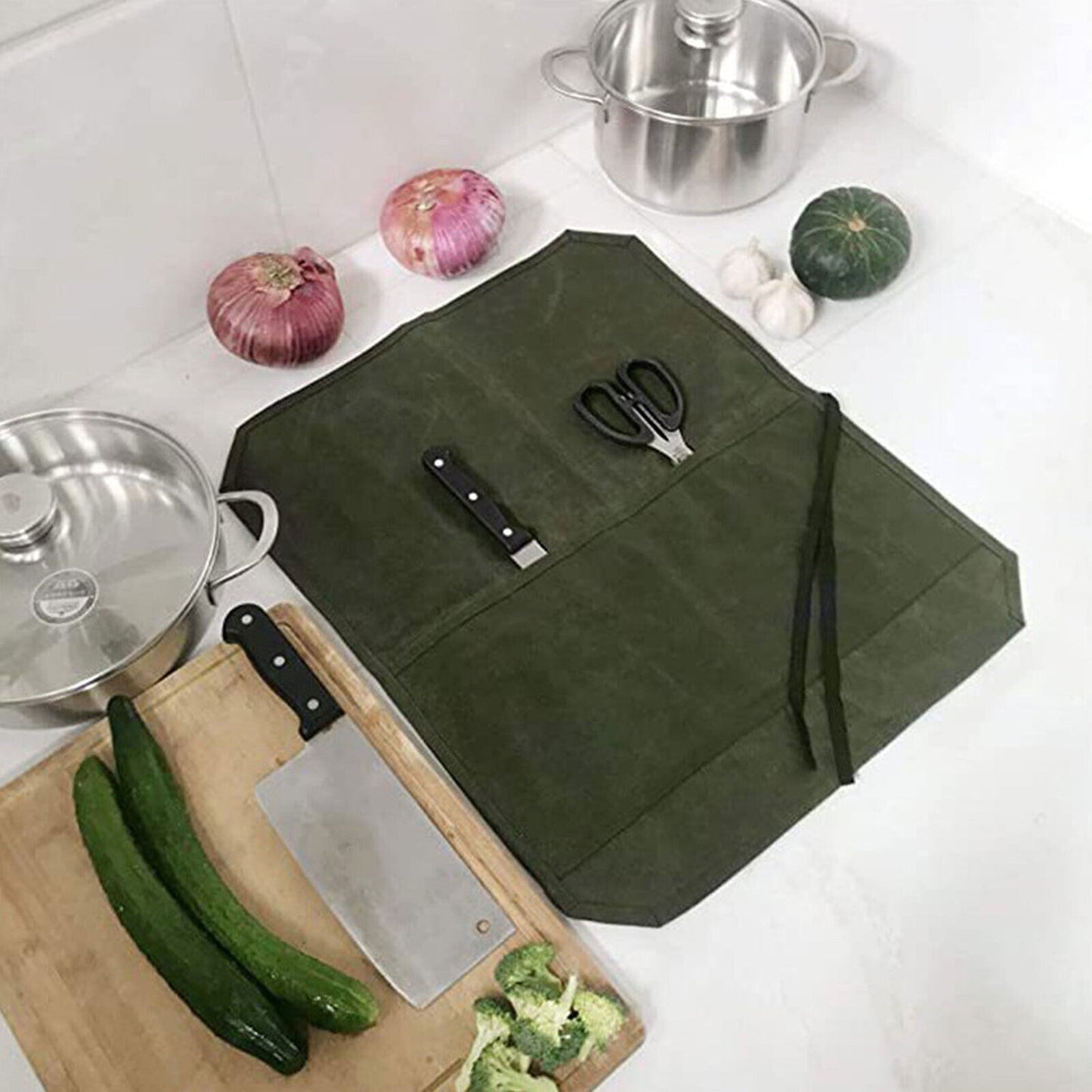 Waxed Canvas Chef Knife Roll Bag 7 Slot Storage Case