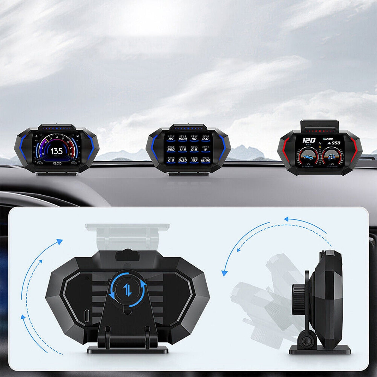 Digital Car HUD OBD2 and GPS Gauge with Speedometer Turbo RPM and Temp Alarms