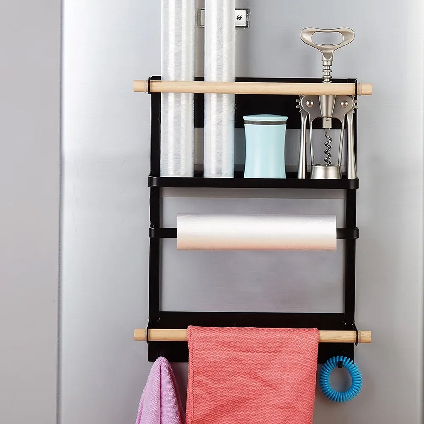 Magnetic Refrigerator Storage Rack with Hooks and Towel Holder