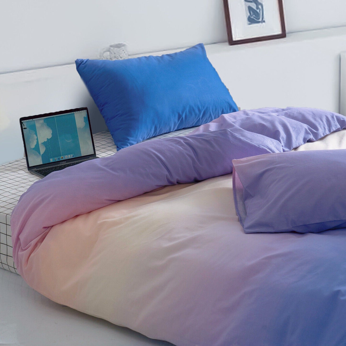 Gradient Blue Purple Quilt Duvet Cover Set Bedding for Queen King Size