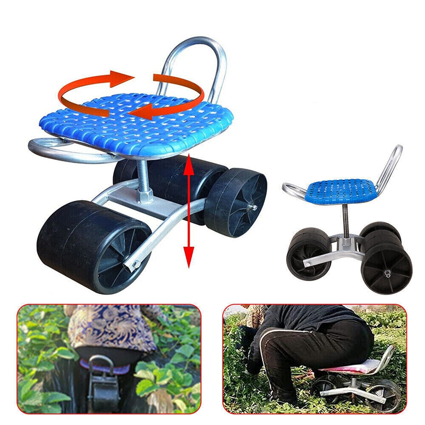 Rolling Gardening Stool with Adjustable Height and 360-Degree Wheels