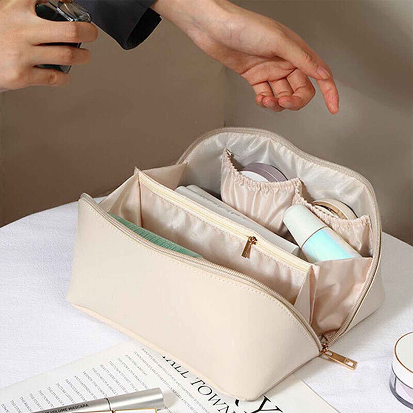 Large Travel Cosmetic Makeup Bag with Organizers and Brush Slots