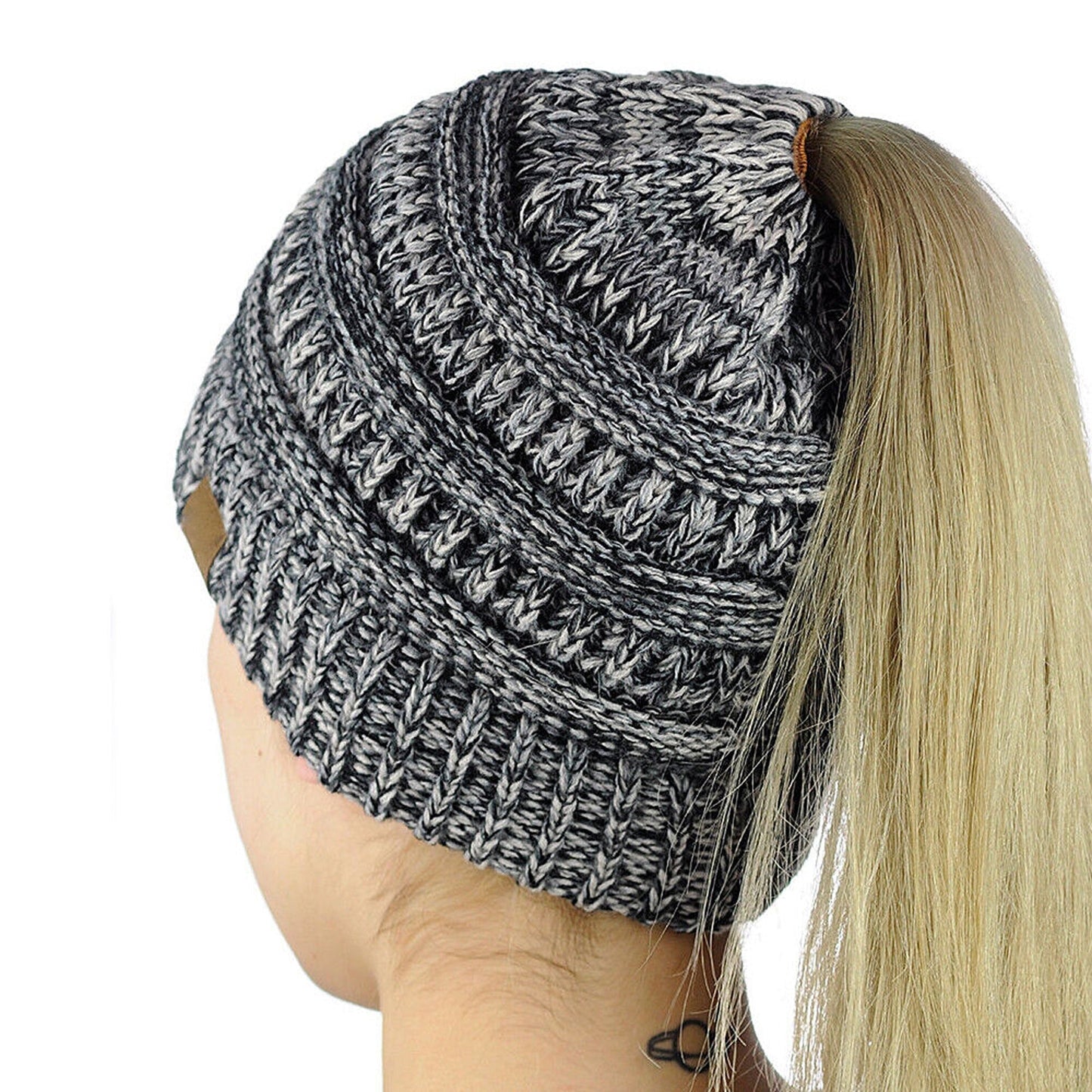 High Bun Ponytail Beanie for Women Soft Stretch Cable Knit Crochet Hat