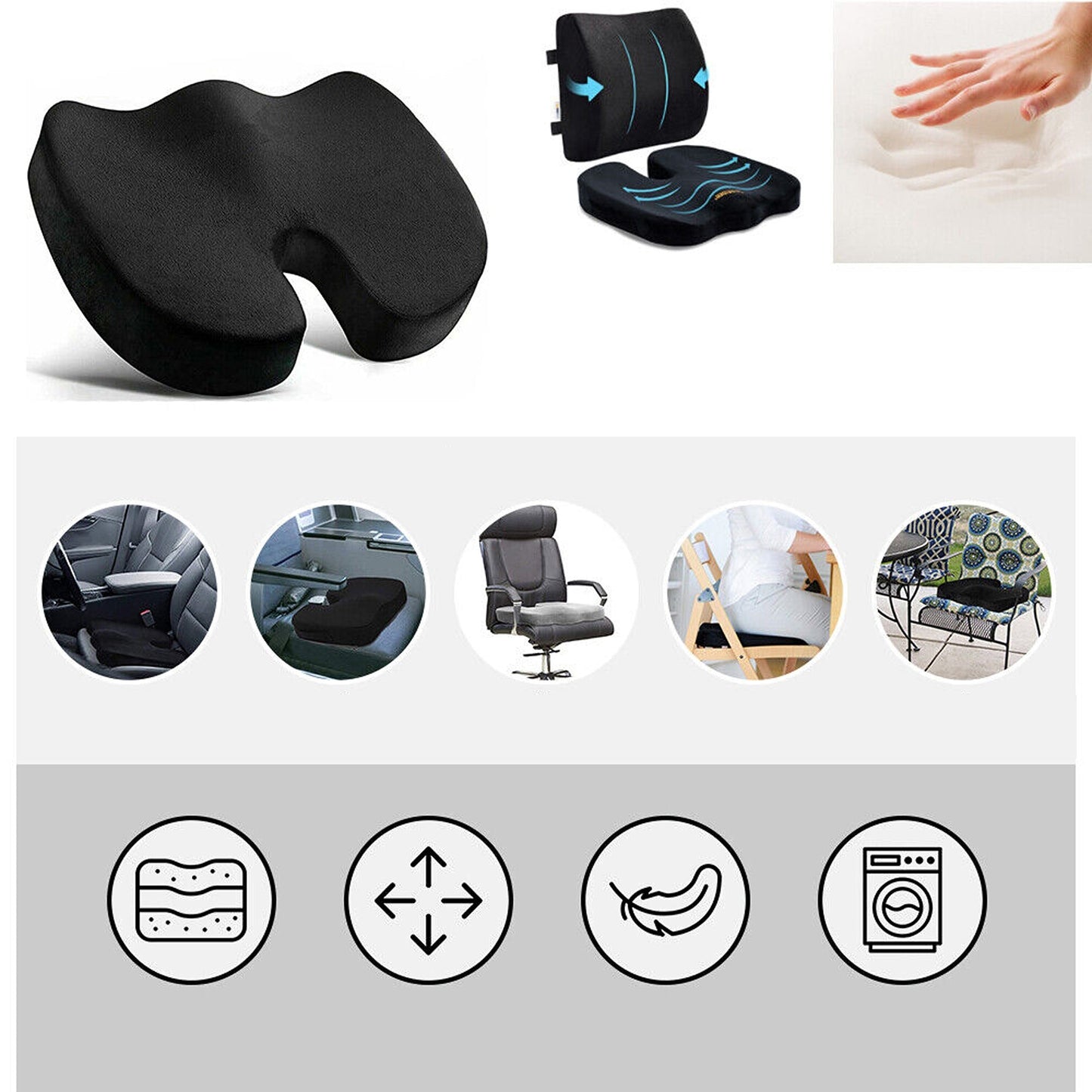 Orthopedic Lumbar Support Memory Foam Seat Cushion for Back Pain