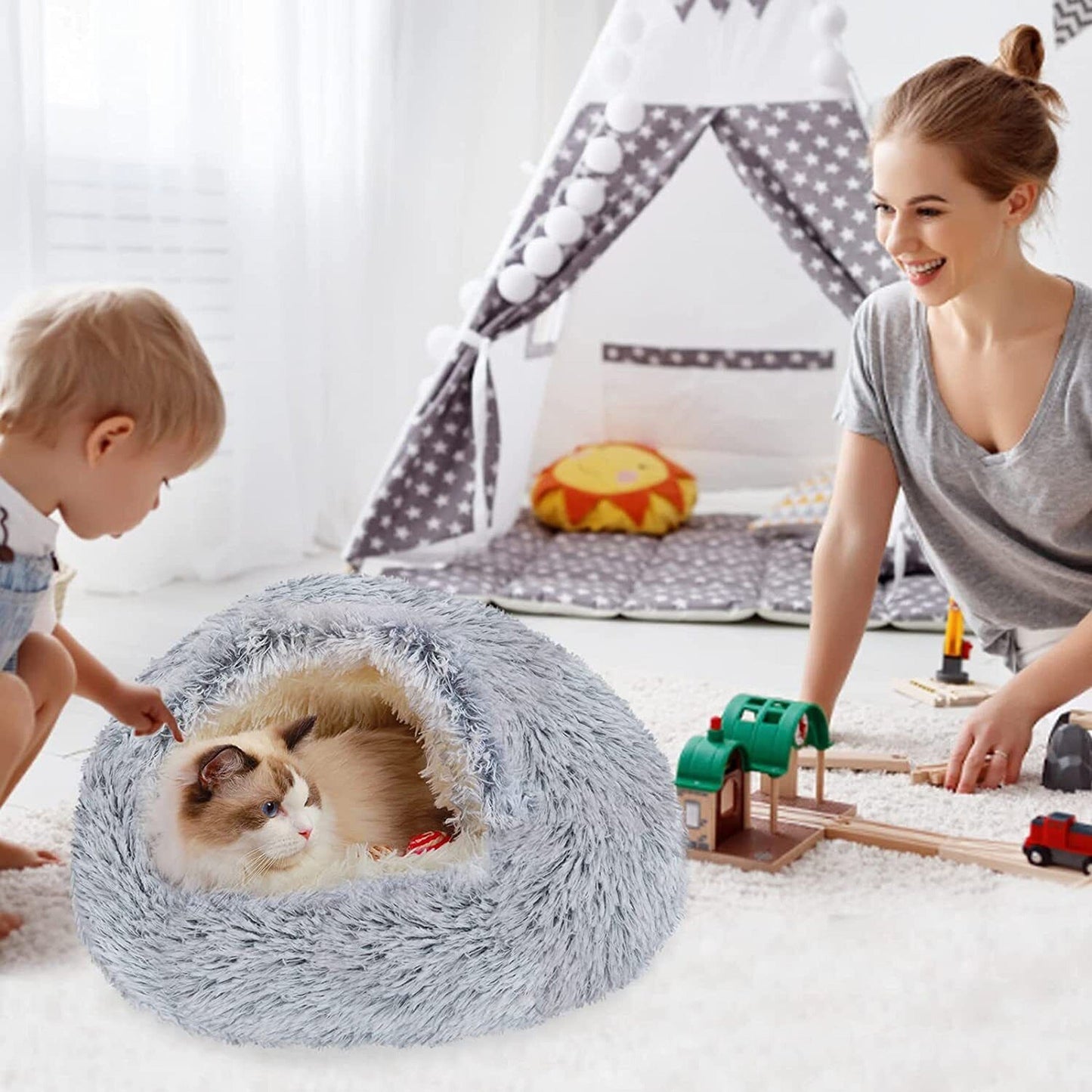 Cuddle Soft Warm Plush Pet Cat Bed Calming Igloo Tent House Grey