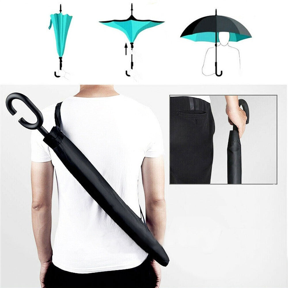 Inverted Windproof Umbrella Double Layer C Handle Reverse Design