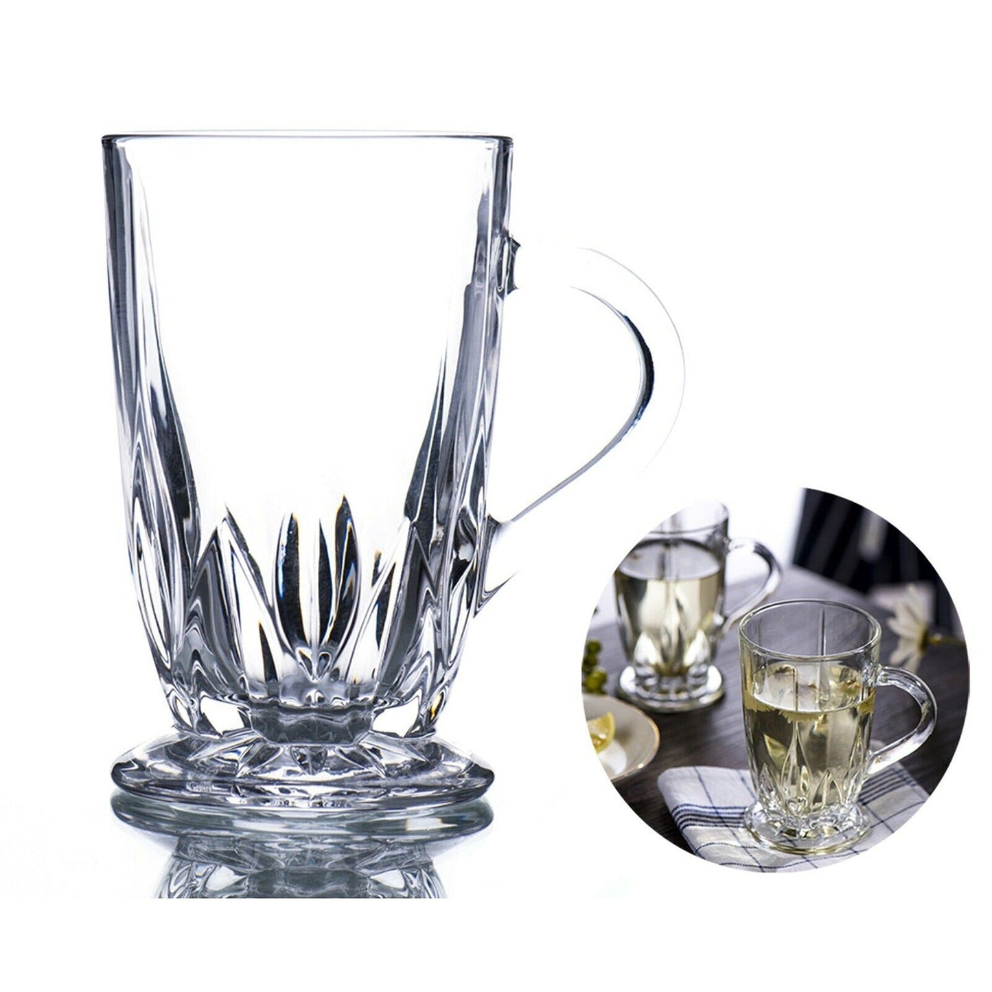 Set of 6 Crystal Glass Mugs with Handles for Hot and Cold Drinks 285ml
