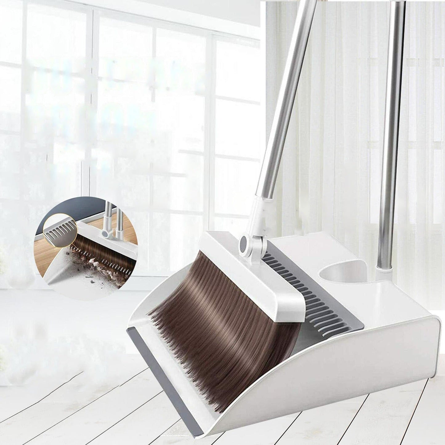 Stand Up Long Handle Dustpan and Broom Set with Storage Holder