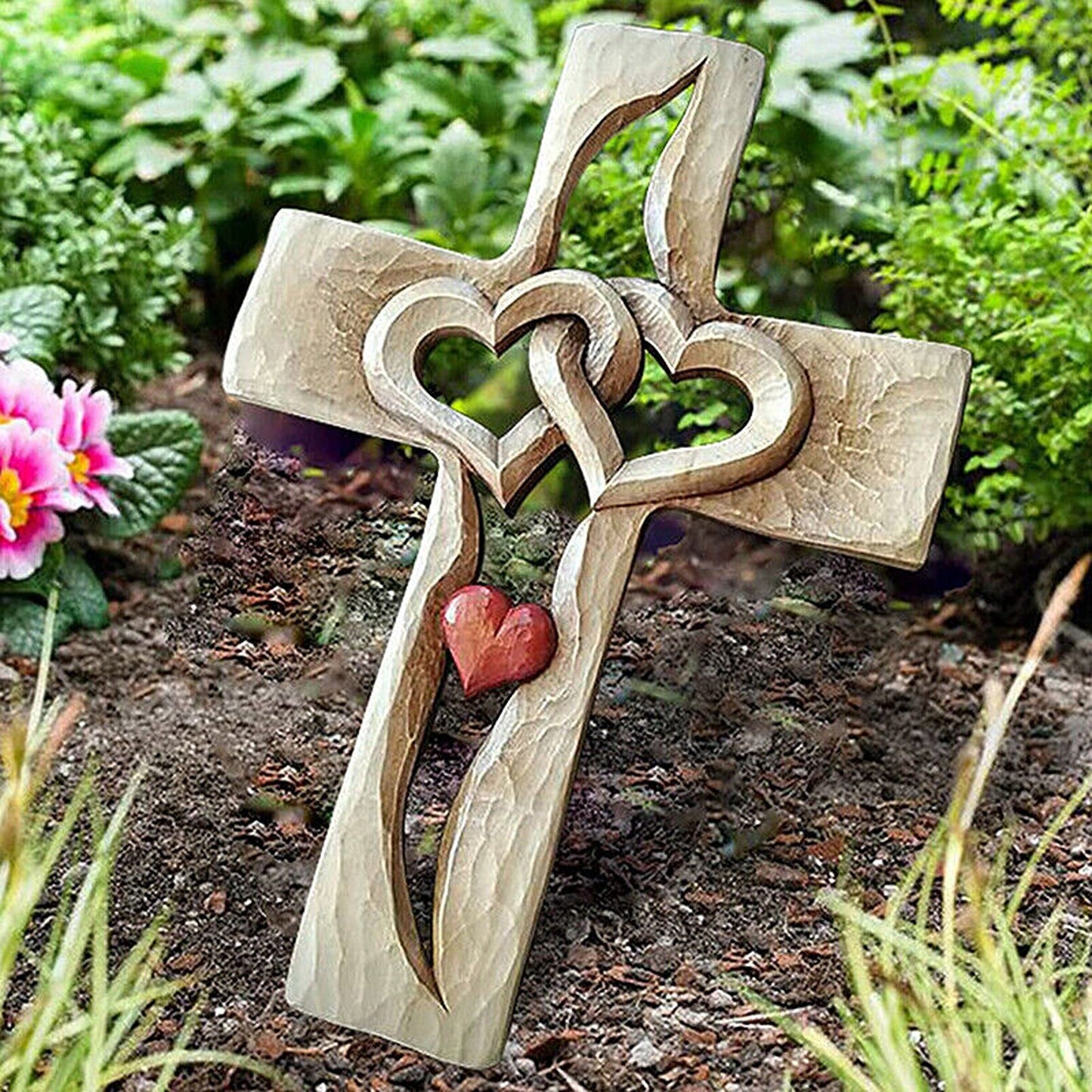 Wooden Cross with Intertwined Hearts Wall Hanging Love Decor