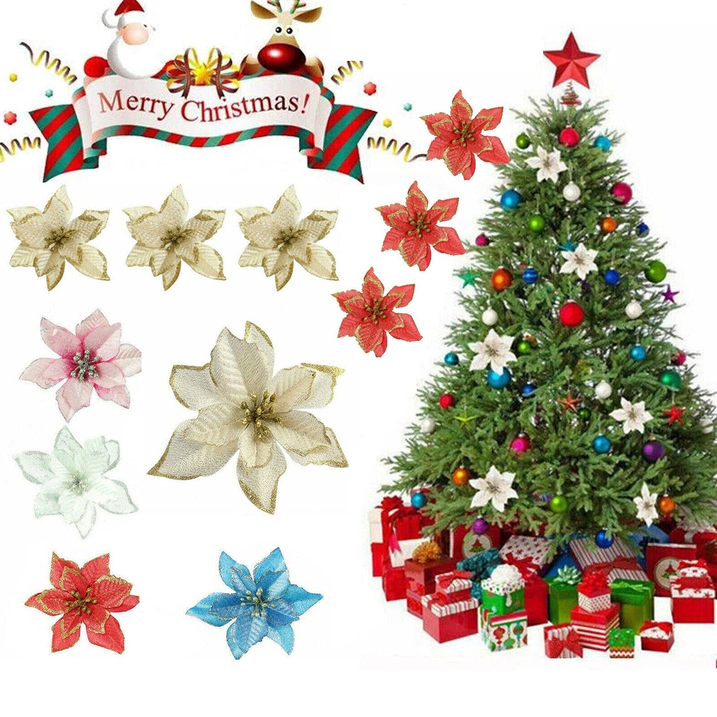 White Glitter Poinsettia Christmas Tree and Wreath Decorations