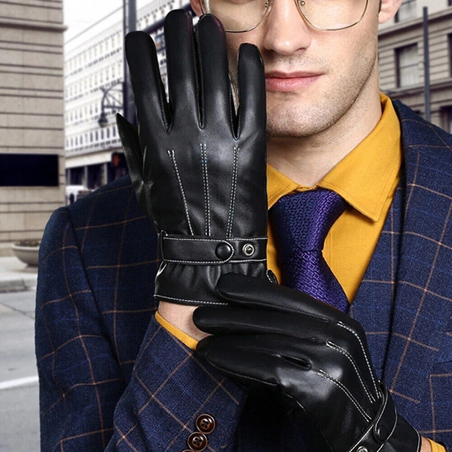 Men Winter Warm PU Leather Touch Screen Black Gloves for Smartphone