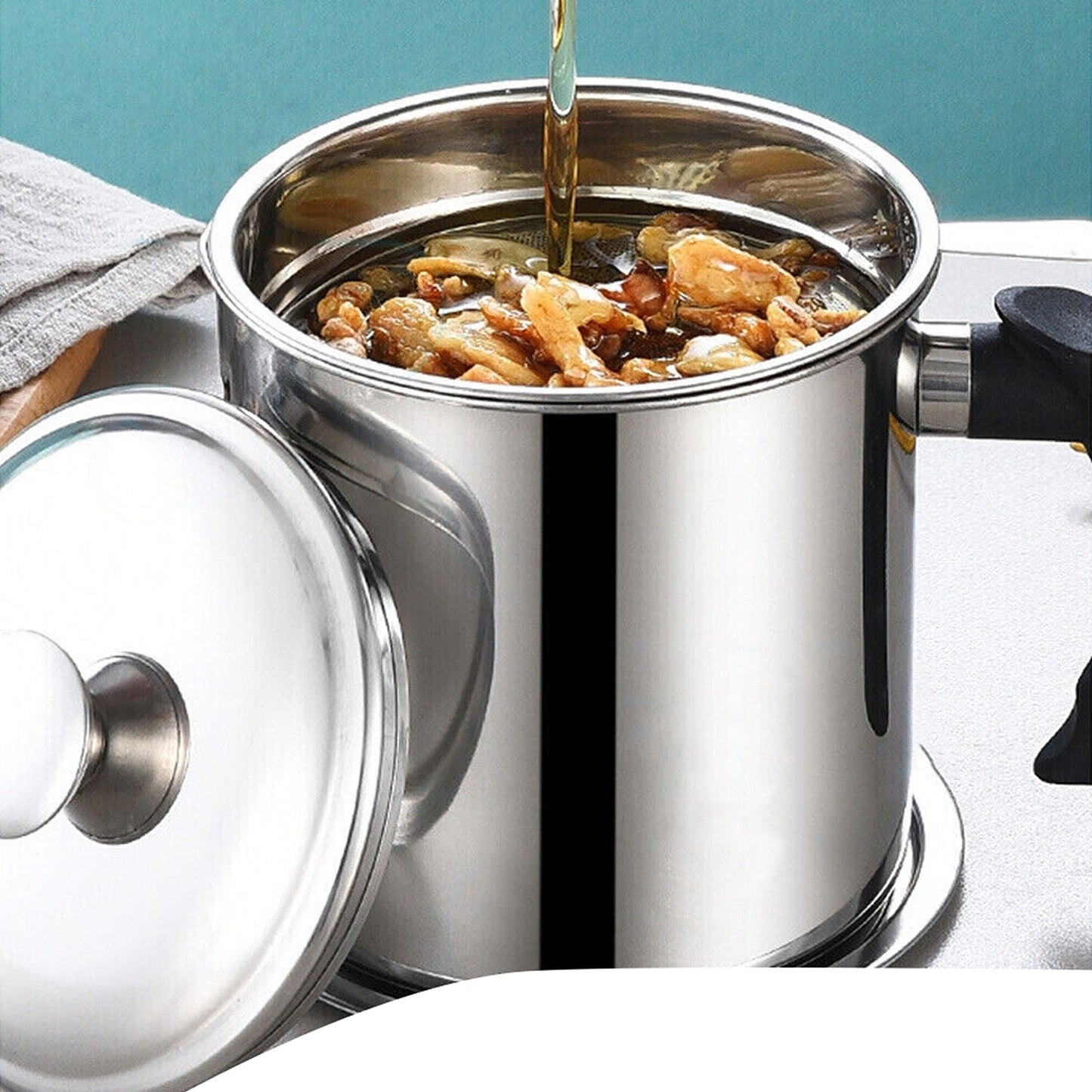 Cooking Grease Oil Strainer Pot Jug Stainless Steel Container Filter Can