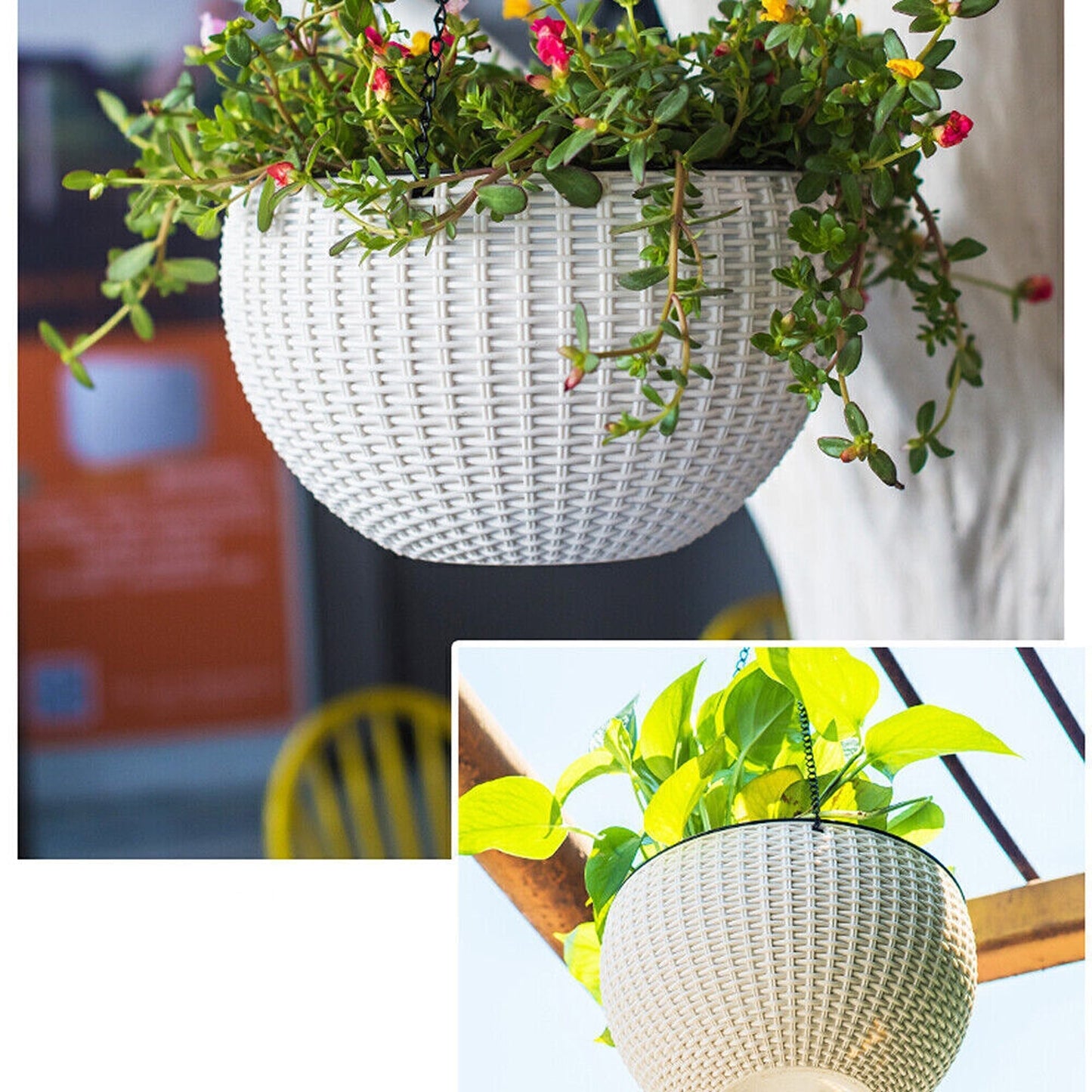 2pcs White Landen Rattan Hanging Plant Pots Flower Baskets Wall Garden Planters