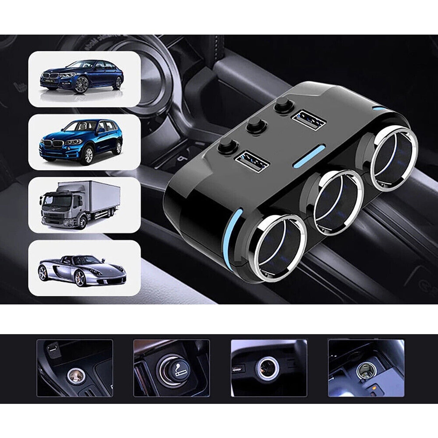 3-Way Multi Car Socket with Dual USB Power Adapter Splitter