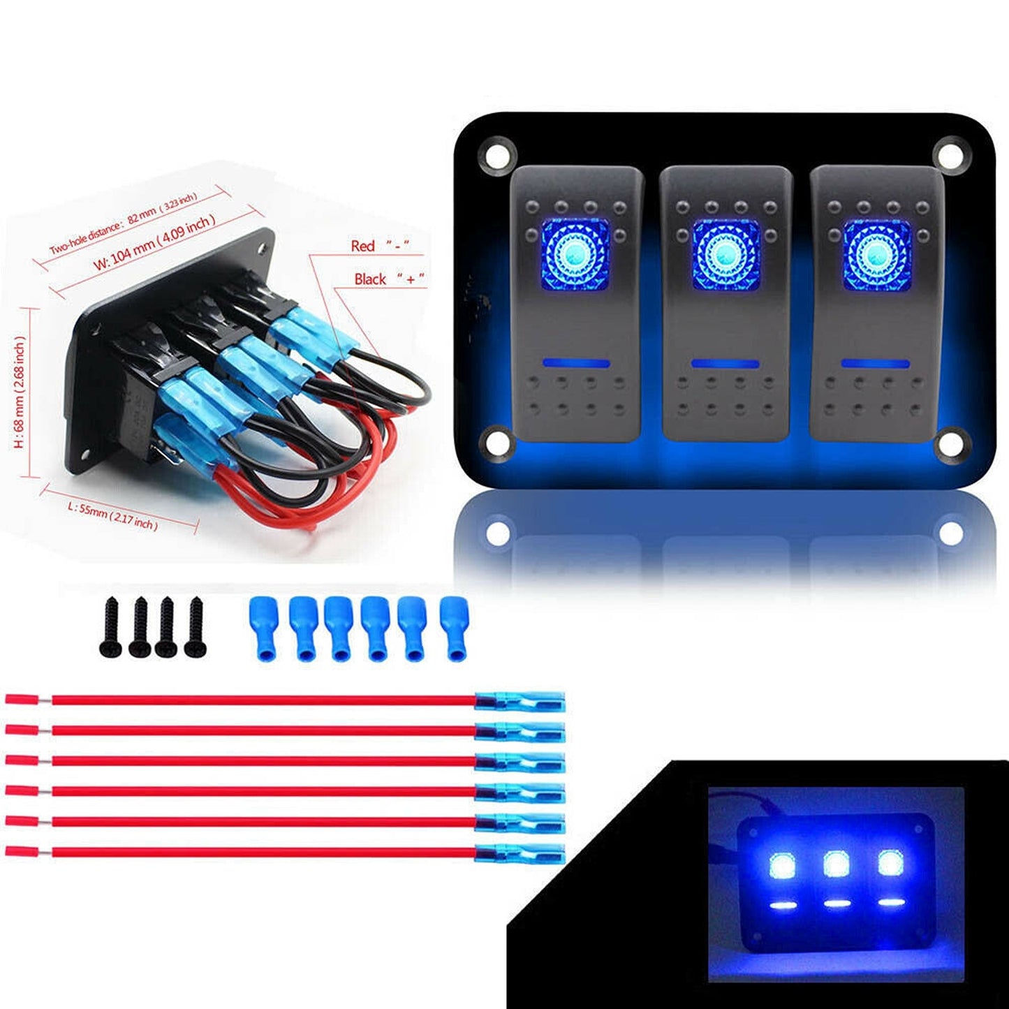 3 Gang Blue LED Rocker Switch Panel with Dual USB for Car Boat and RV