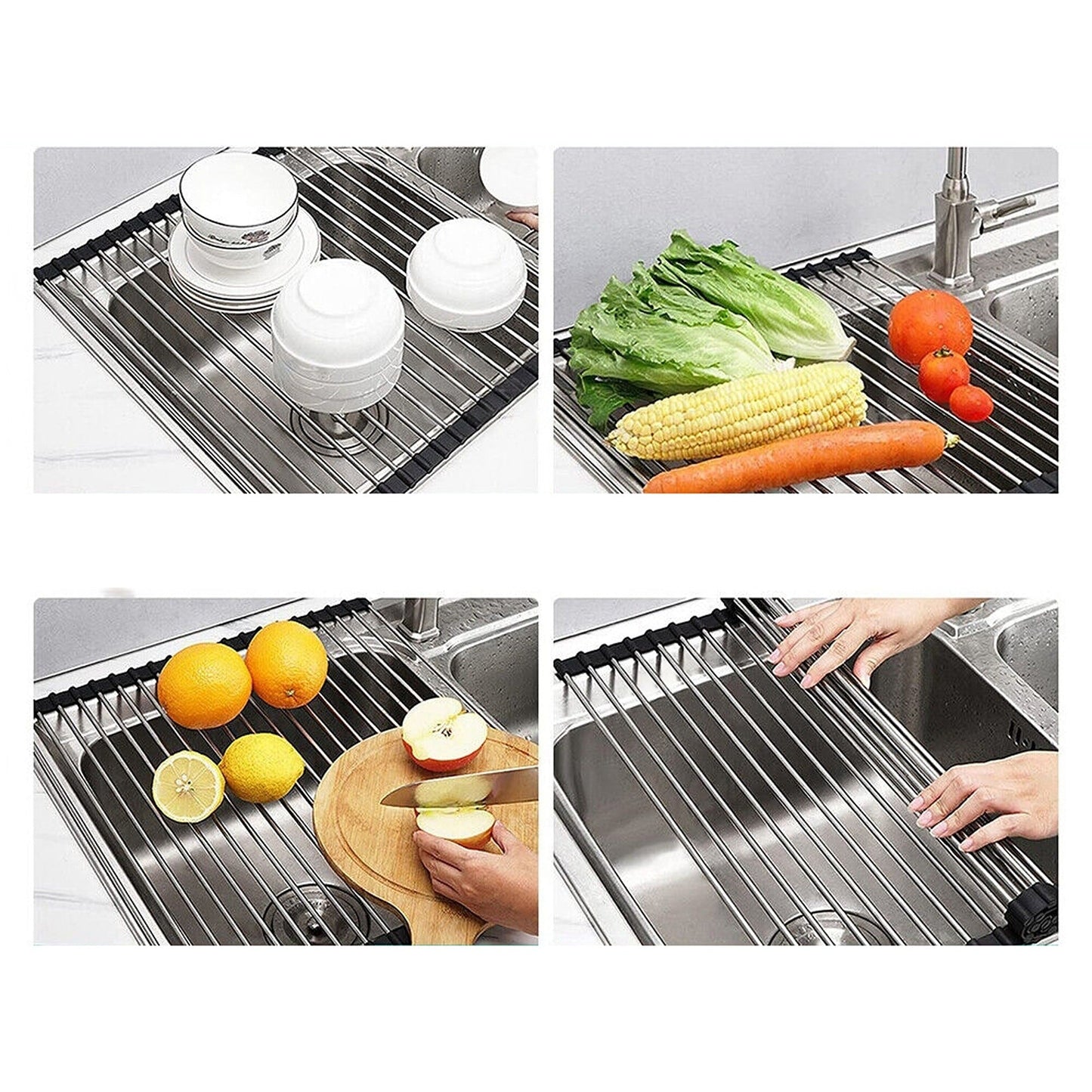Over Sink Dish Drainer Stainless Steel Roll Up Foldable Rack