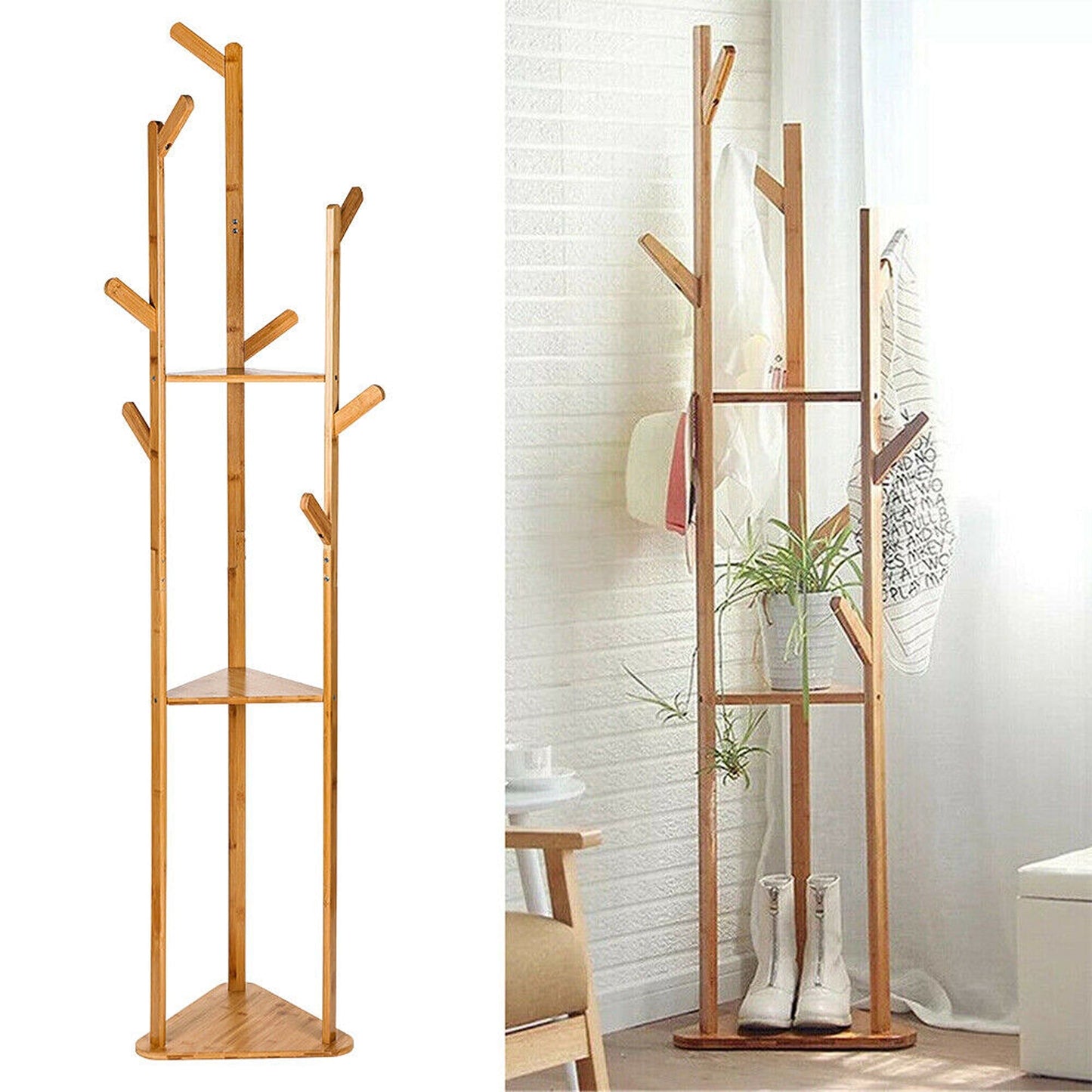 Wooden Coat Rack with 3 Tiers and 9 Hooks