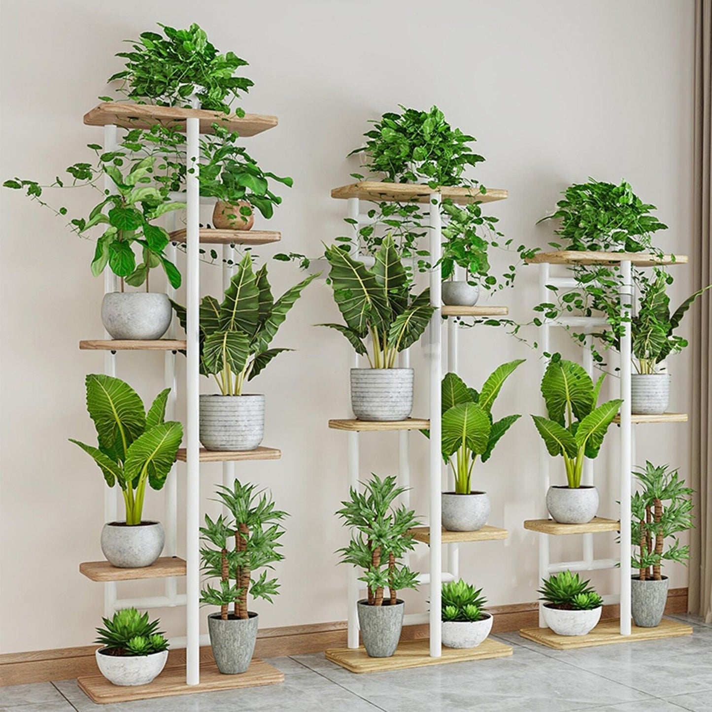 Multi-Tier Wooden Plant Display Rack for Indoor and Outdoor Use