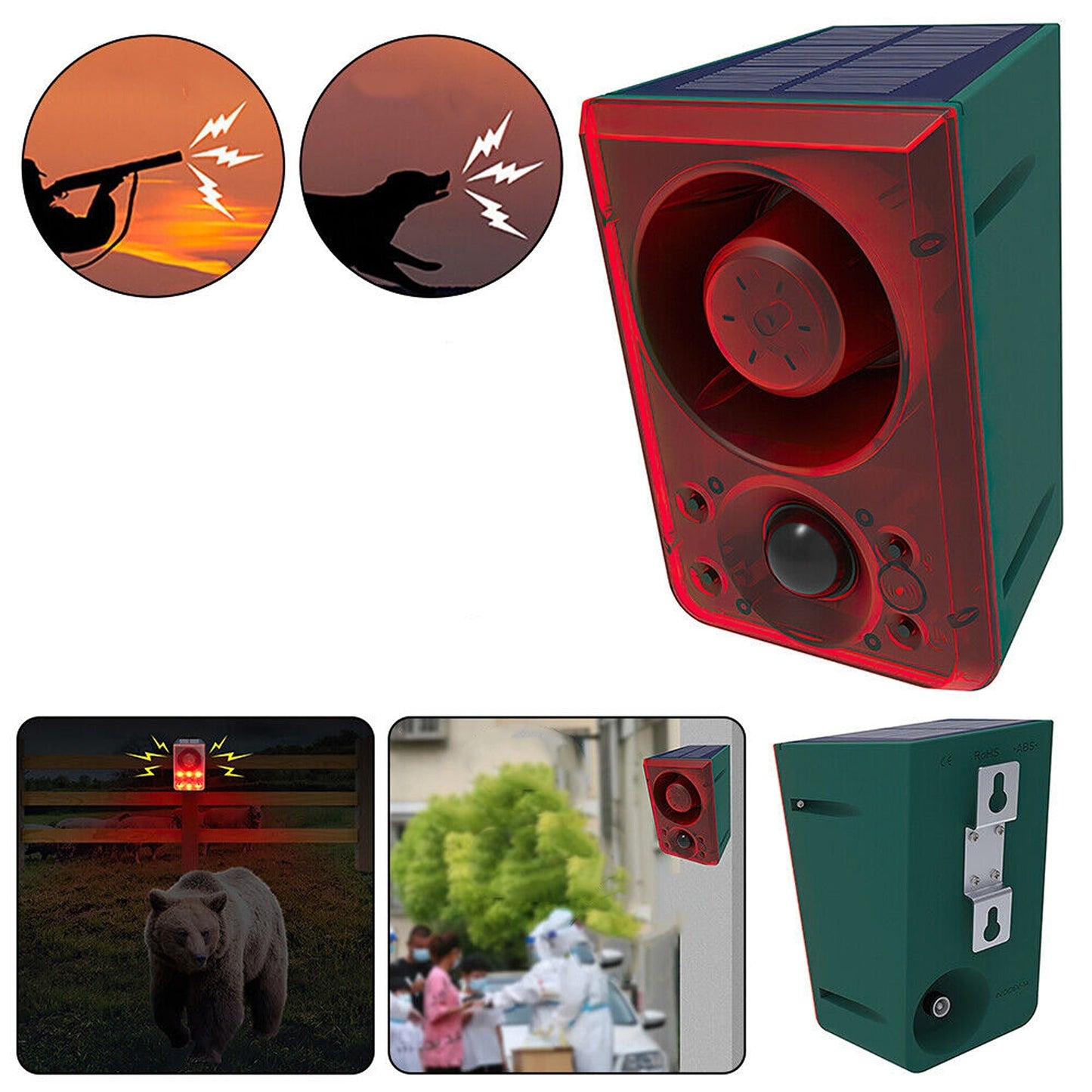 Outdoor Solar Motion Sensor Alarm with Siren Dog Barking and Gunshots Sounds