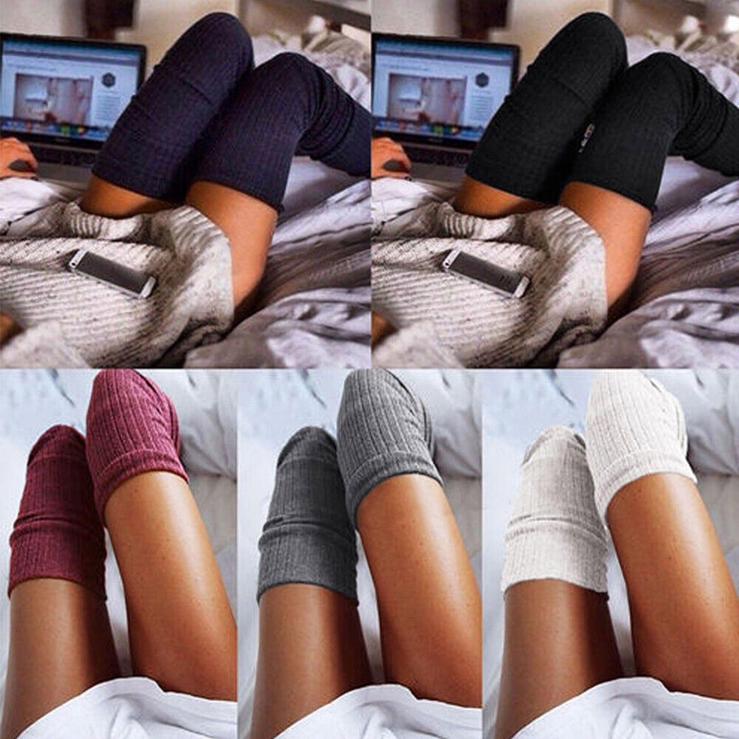 Women Thigh High Socks Solid Color Over Knee Long Cable Knit