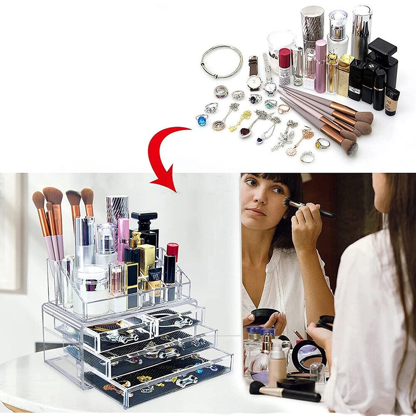 Jewellery Storage Organizer Clear Acrylic Makeup Holder Box 4 Drawer