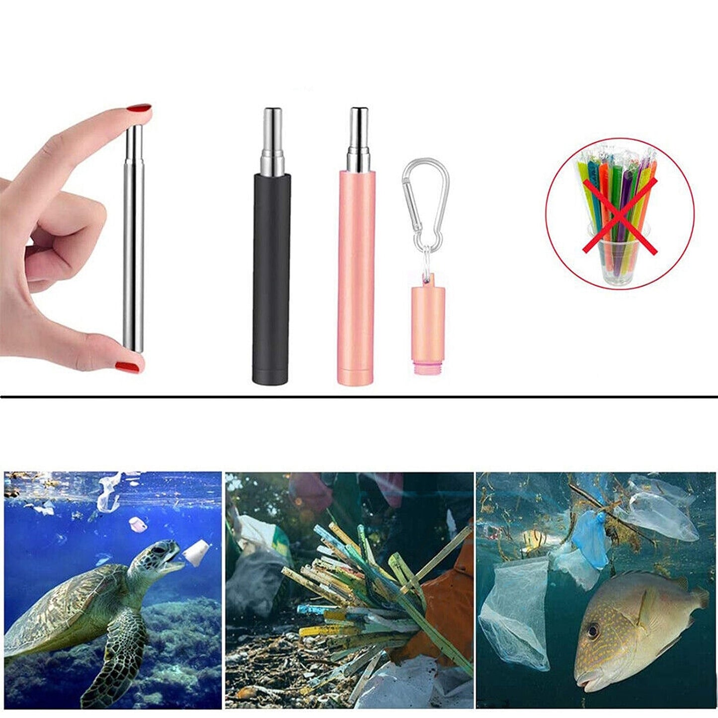 Stainless Steel Foldable Drinking Straw Metal Reusable with Cleaning Brush Keyring
