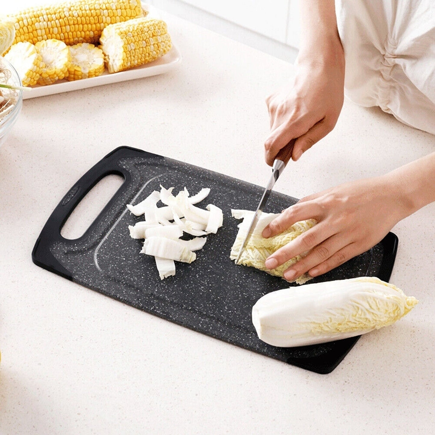 Set of Plastic Chopping Boards Marble Black with Juice Groove