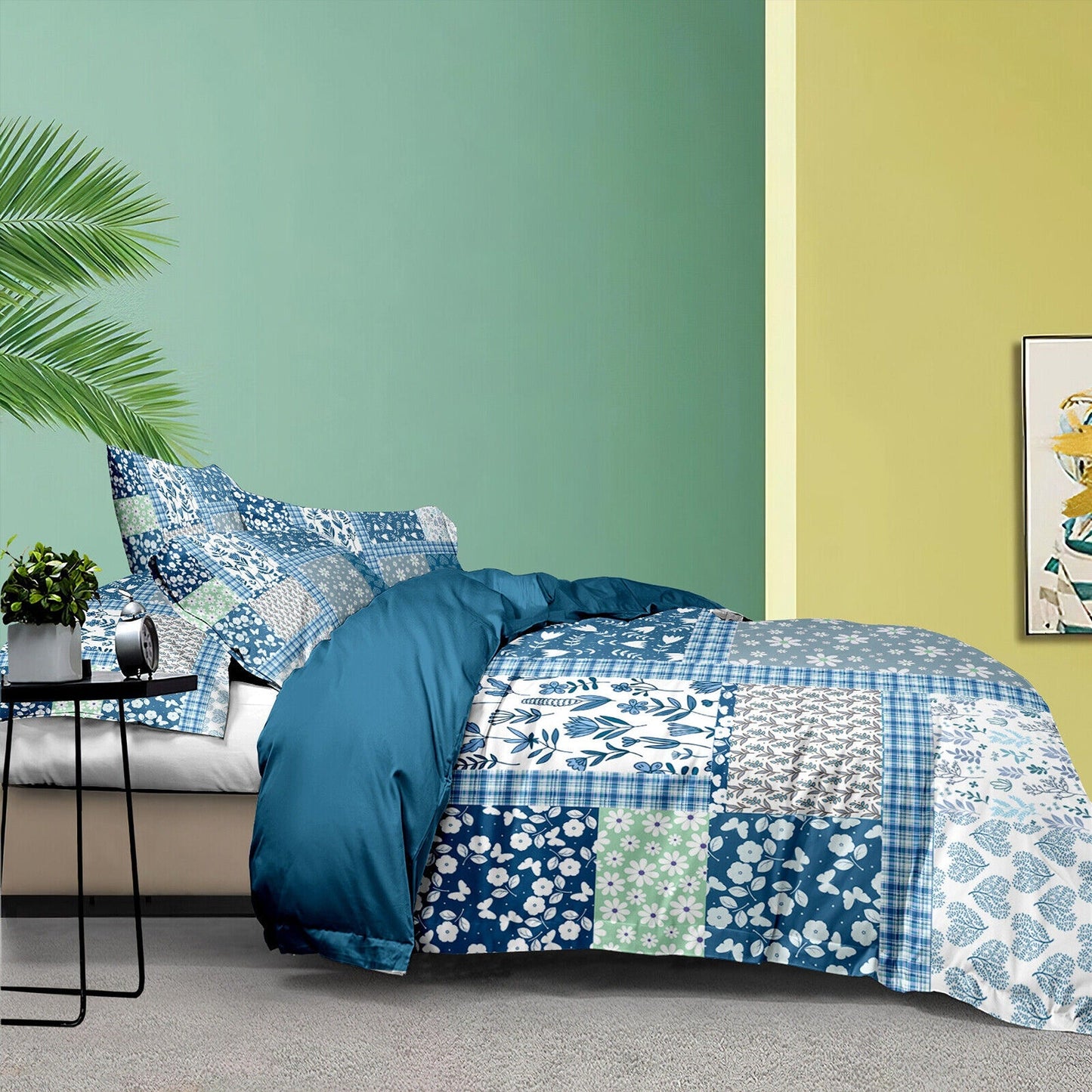 Blue Patchwork Bedding Set Soft Quilt Duvet Cover for Queen King Bed