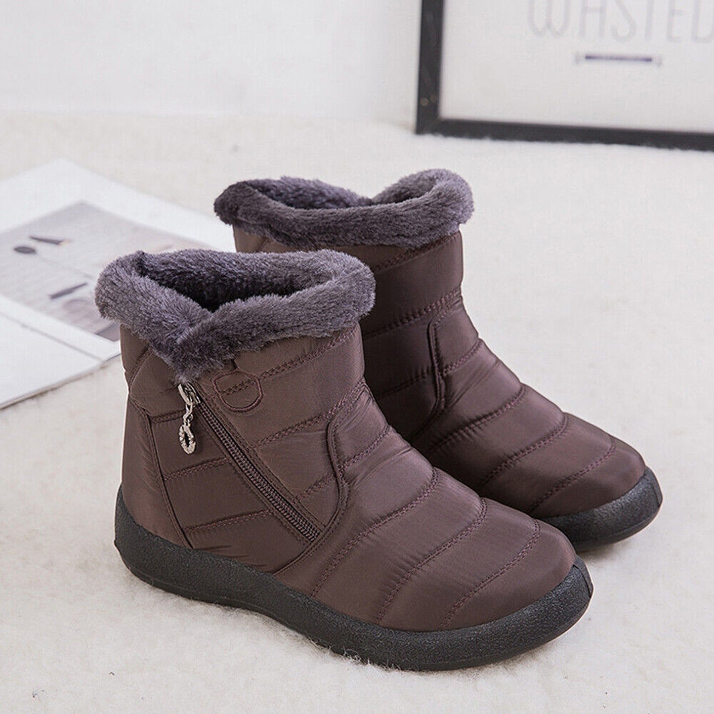 Brown Women Brown Fur Lined Snow Ankle Boots Winter Warm Waterproof Flat Shoes