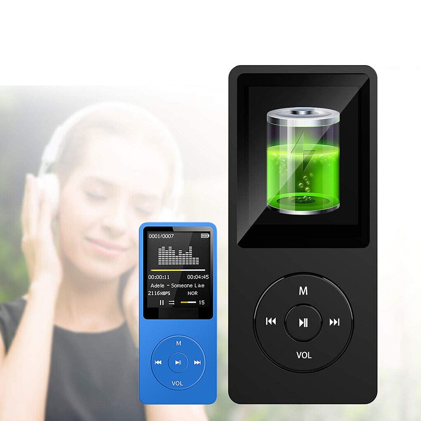 Portable MP3 Music Player with Rechargeable Battery and Audio Adapter
