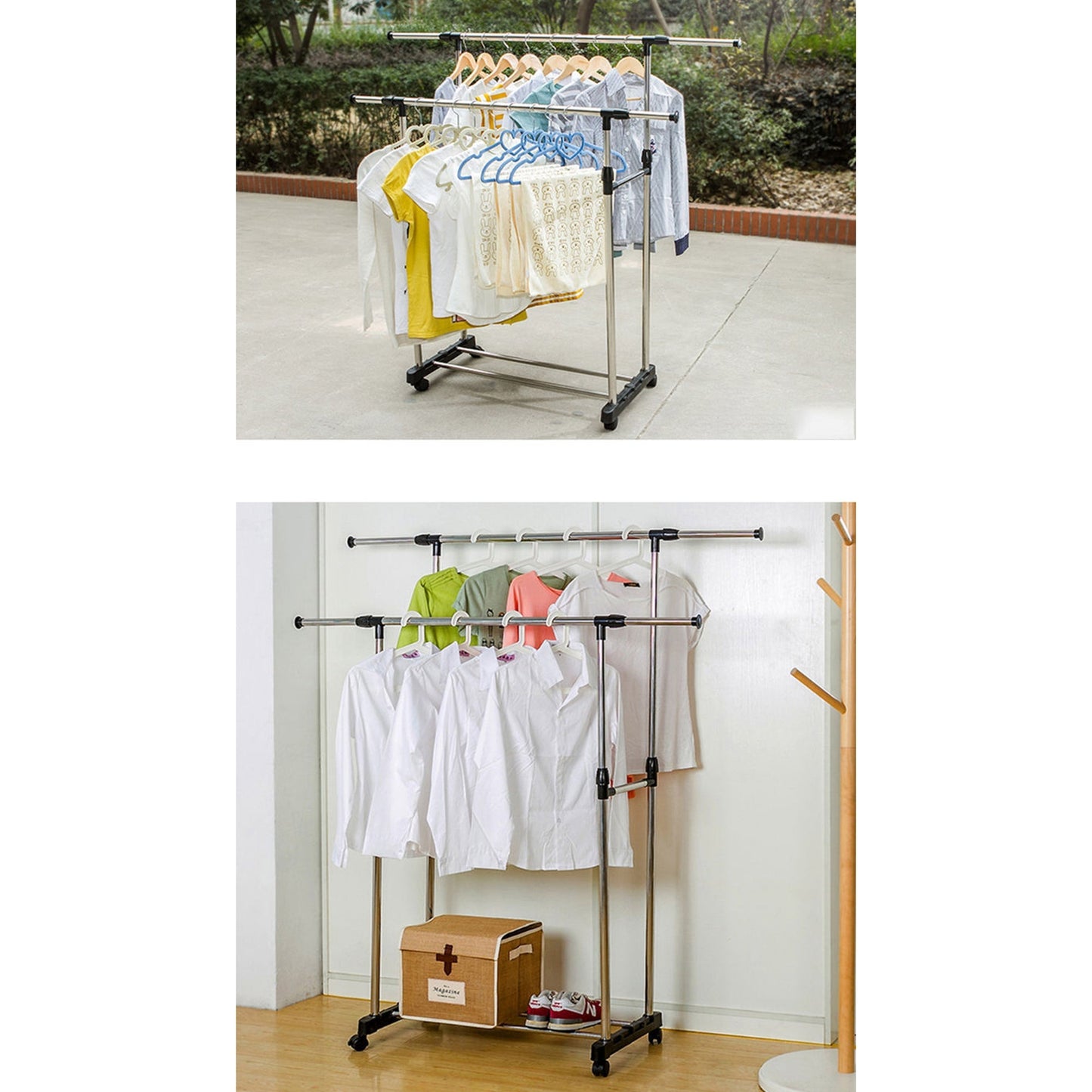 Adjustable Double Stainless Clothes Rack Garment Cloth Hanger with Holder