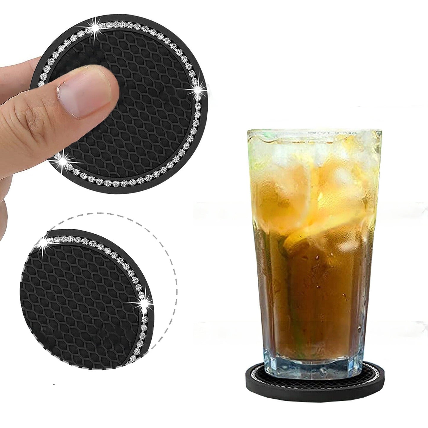 2pcs Anti-Slip Black Car Coasters Bling Cup Holder Inserts